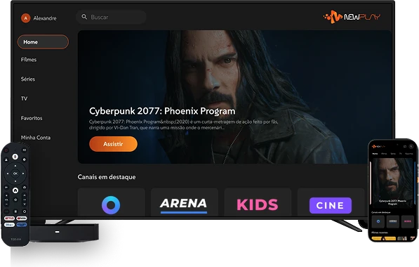 Exemplo de plataforma OTT rodando em TV, notebook, tablet e celular